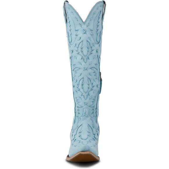 Women's Back Lace Chunky Heel Western Side Zipper Embroidered Blue Boots - Picture 7 of 7